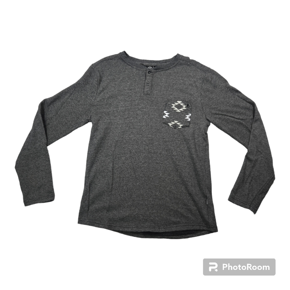 Volcom Men Medium Long Sleeve Gray Henley Graphic Pocket Surf Skate Southwestern